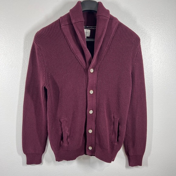 Sun + Stone Men Alvin Cardigan Sweater Ribbed Knit Mens‎ Large Maroon Shawl - Picture 1 of 10